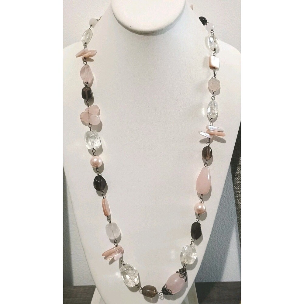 Smokey Rose Quartz Pink Shell Faux Pearl Sterling Silver Necklace